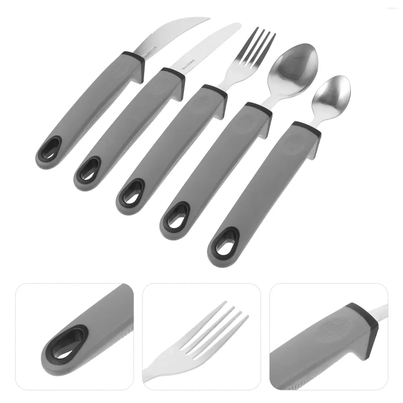 Dinnerware Sets 5 Pcs Silverware Kitchen Stainless Steel Cutlery Flatware Rubber Handle Forks Knives Weighted Utensils Eating Adaptive