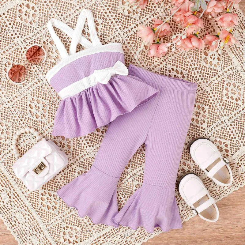 Clothing Sets Summer Infant Toddler Baby Kid Girls Clothes Set Pure Cotton Color Matching Bow Strap Top Flared Pants 2PCS Children Suit