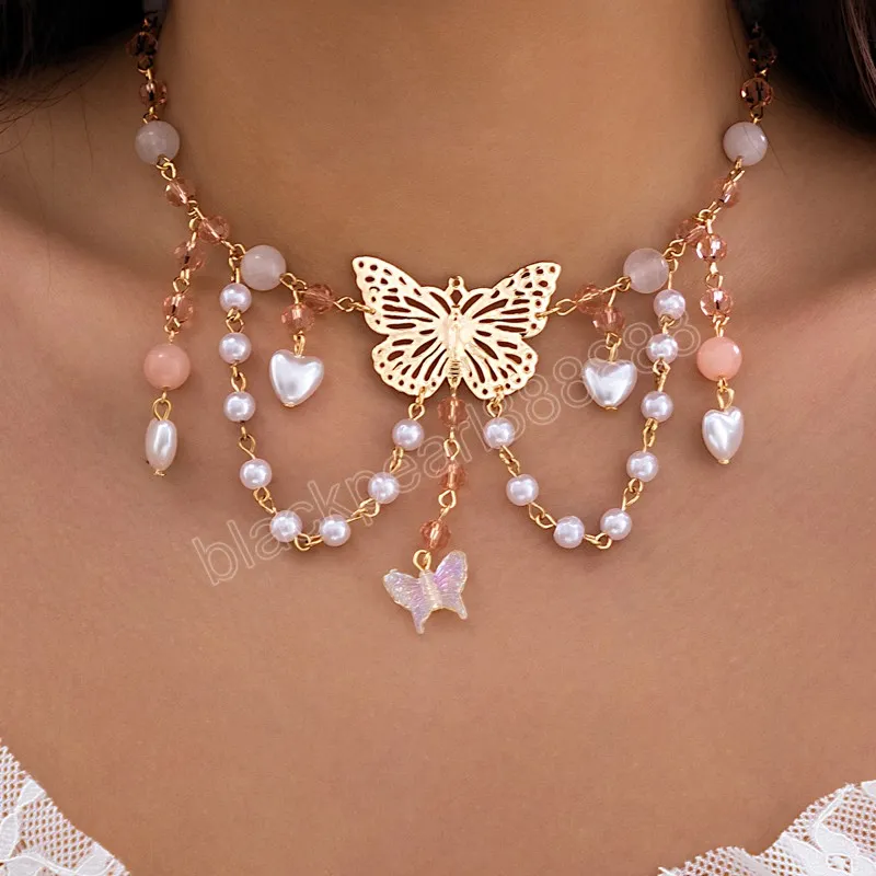 Y2K Vlinder Charm Acryl Kristal Kralen Kwastje Ketting Imitatie Parel Choker voor Vrouwen Hals Ketting Sieraden Kraag Gift