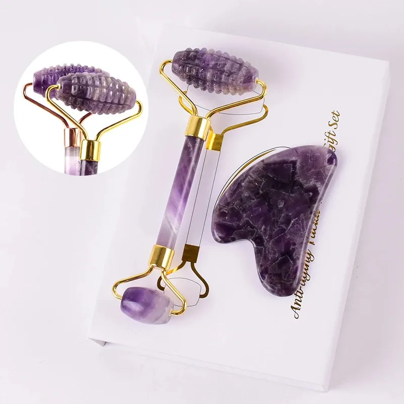 Helkroppsmassager Amethyst Sawtooth Face Roller Silicone Caps Gua Sha Care Tool Set Natural Stone Quartz Massager Anti Wrinkle Cellulite Health 231202