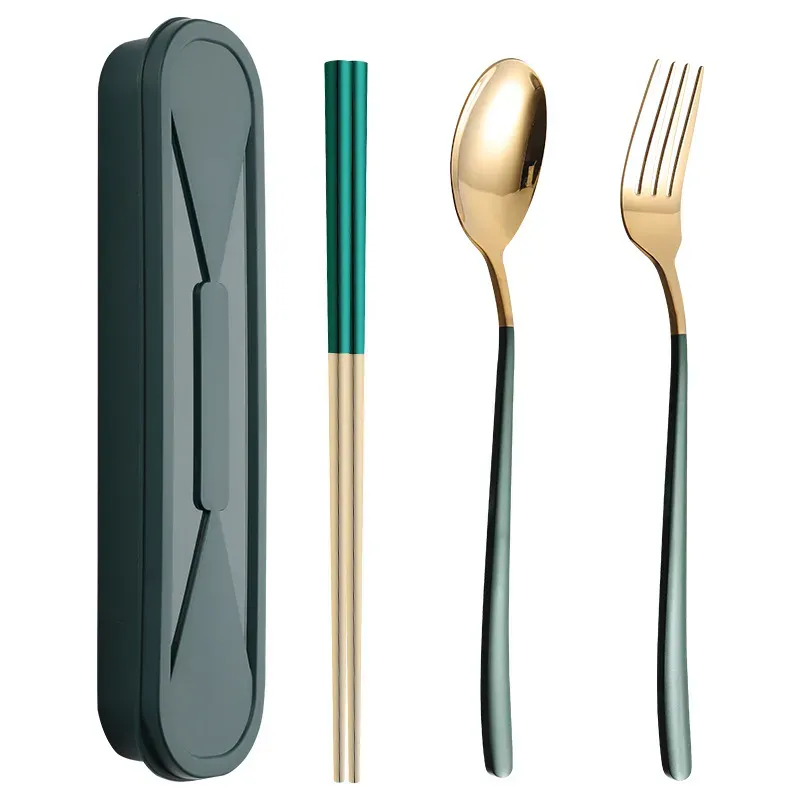 3st/Set Spoon Cuterlery Fork Chopsticks Set Tabeller Med Lounch Box Portable Rostfritt Steel 304 Kökstillbehör BJ