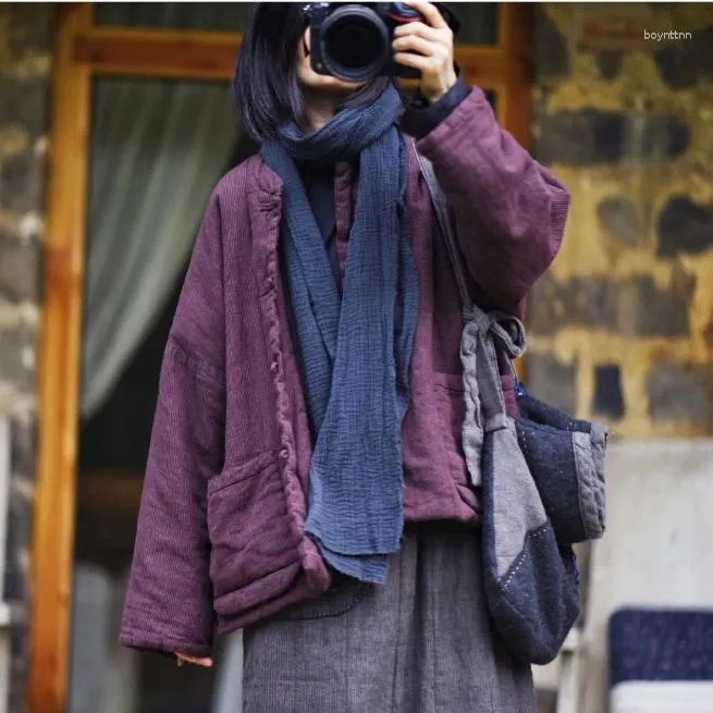 Parkas cortas a rayas de lino y algodón con cuello levantado chino Simple para mujer, abrigo Vintage acolchado para mujer, prendas de vestir exteriores 2023