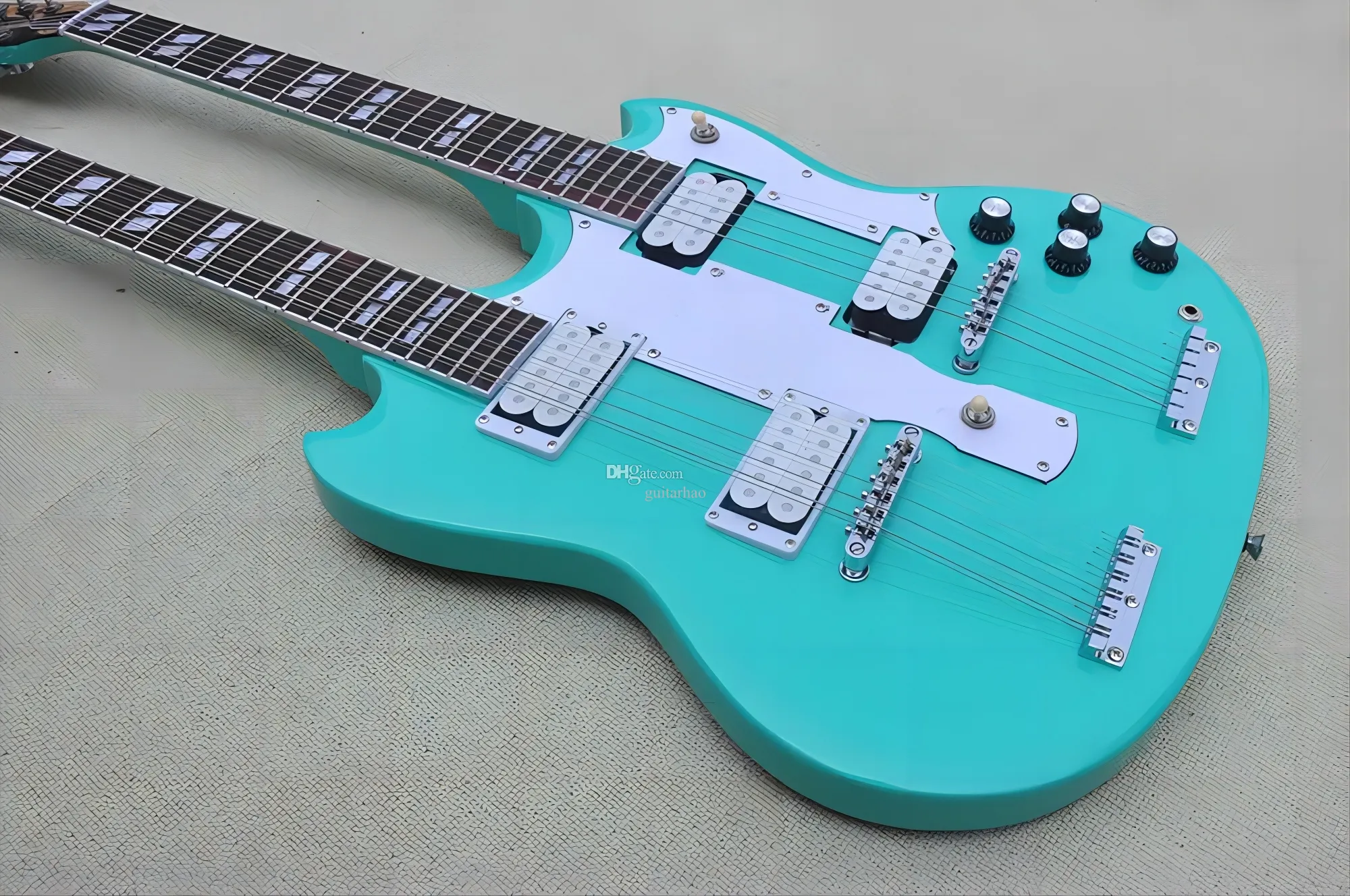 Factory Custom Blauw Groen Dubbele Hals Elektrische Gitaar Met 6 En 12 Snaren Gitaar Chrome Hardware Witte Slagplaat Aanbieding Aangepaste 369