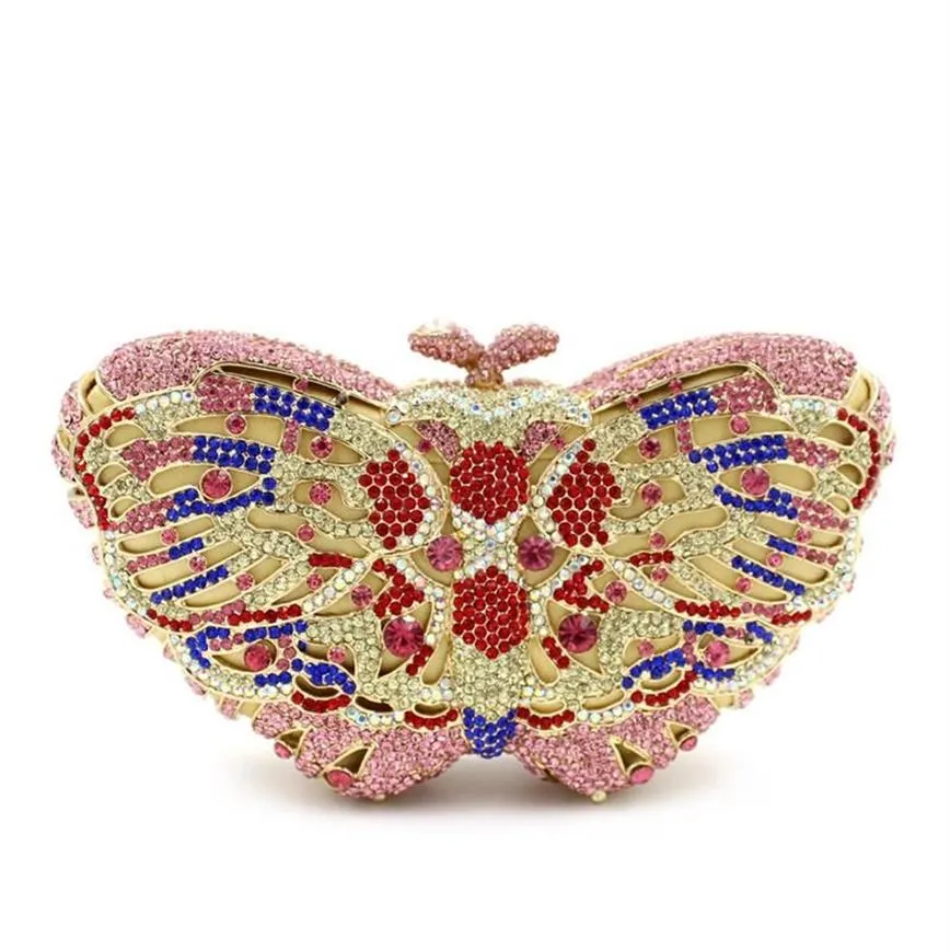 Bellissima pochette da sera da donna in cristallo con strass rosa farfalla, pochette da sera in metallo dorato con pietre preziose, borse da sera194h