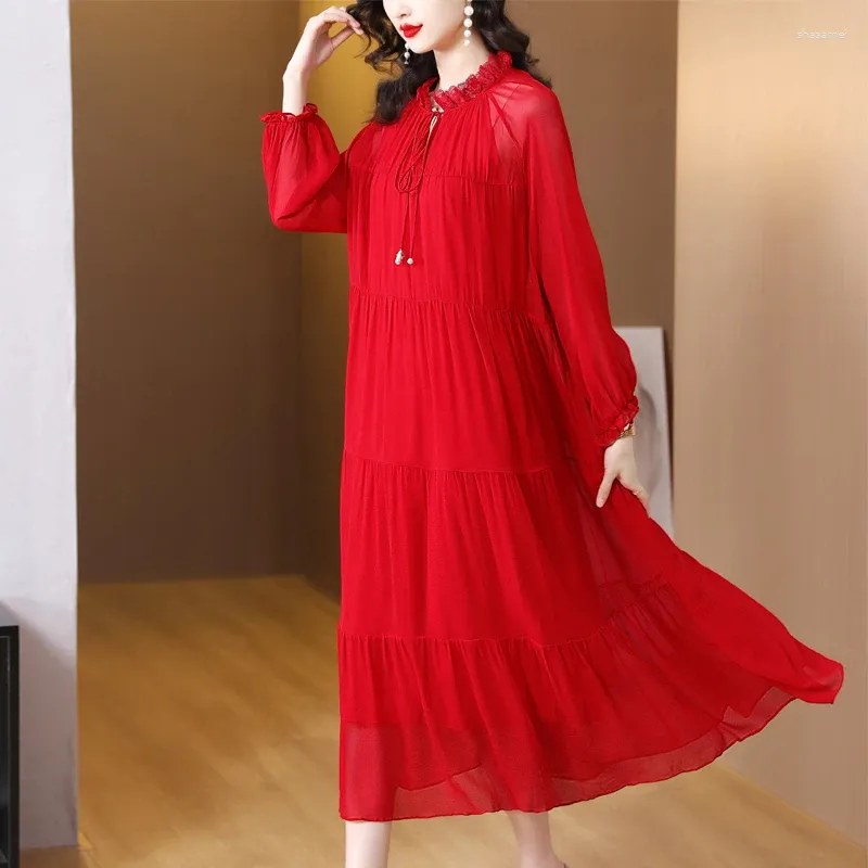 Vestidos casuales Brillante rojo Mulberry Seda Vestido real Lujo 2023 Falda larga Temperamento de mujer de gran tamaño