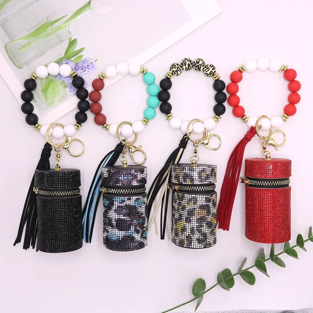 Crystal Chapstick Holder Cylinder Coin Purse Silicone Beads Bracelet Key Chain Coin Purse Rhinestone Keychain