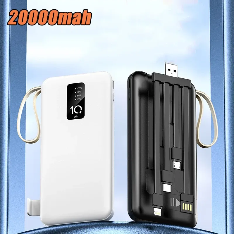 20000mah power bank cabo embutido carregador portátil bateria externa powerbank 10000mah para iphone xiaomi samsung huawei