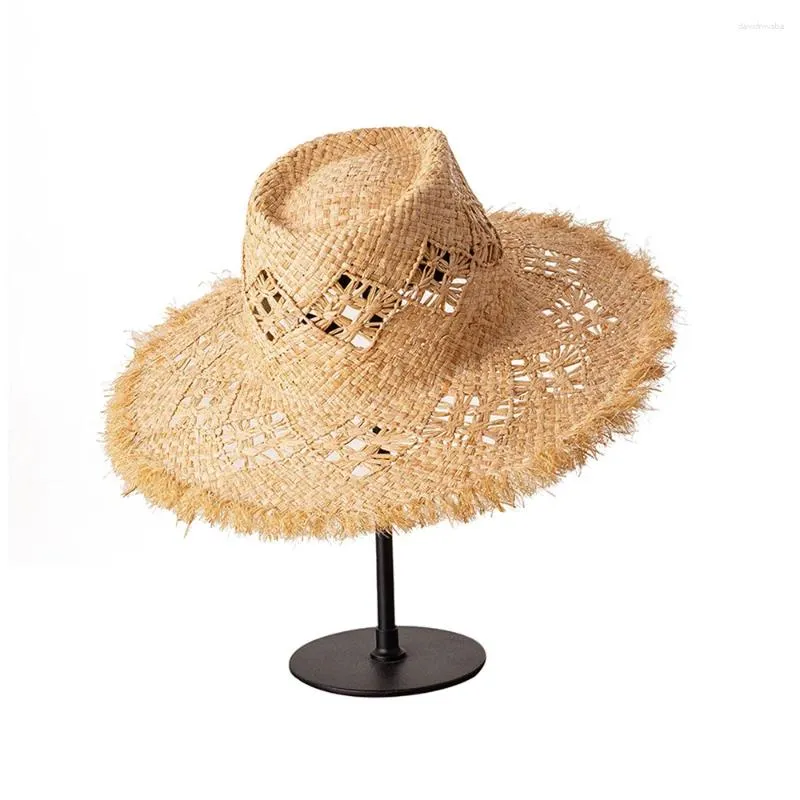 Berretti 202305-HH5186A Chic Summer Rafia tessuta a mano Scava fuori Bave Tesa Holiday Beach Fedora Cap Uomo Donna Tempo libero Panama Jazz Hat