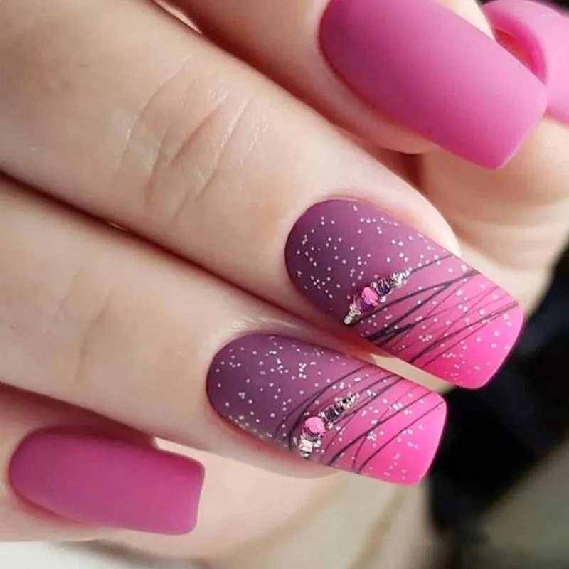 Накладные ногти 24 шт./компл., 3D накладные розово-красные французские квадратные кончики с блестящими стразами, искусственные ногти, накладные акриловые материалы для дизайна ногтей