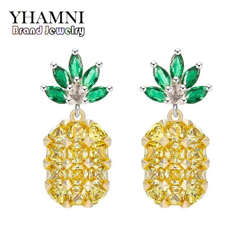 YHAMNI NOVO Cristal Amarelo Fruta Abacaxi Brincos de Noiva Brincos Grandes Jóias de Cristal Natural Para Mulheres E44551771