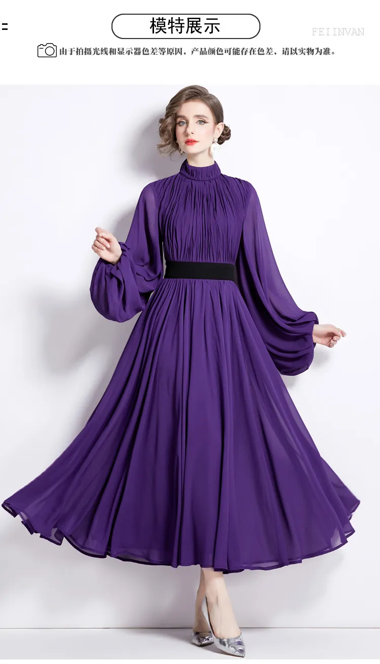Elegant Purple Chiffon maxi dress with Lantern Sleeves and Pleated Stand