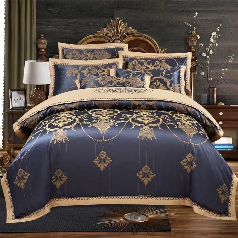 Luksusowe czarne zestawy pościeli jedwabne bawełniane Jacquard Queen /King size Zestaw Duvet Zestaw ślubny /dopasowany łóżko lniane kołdra T200706