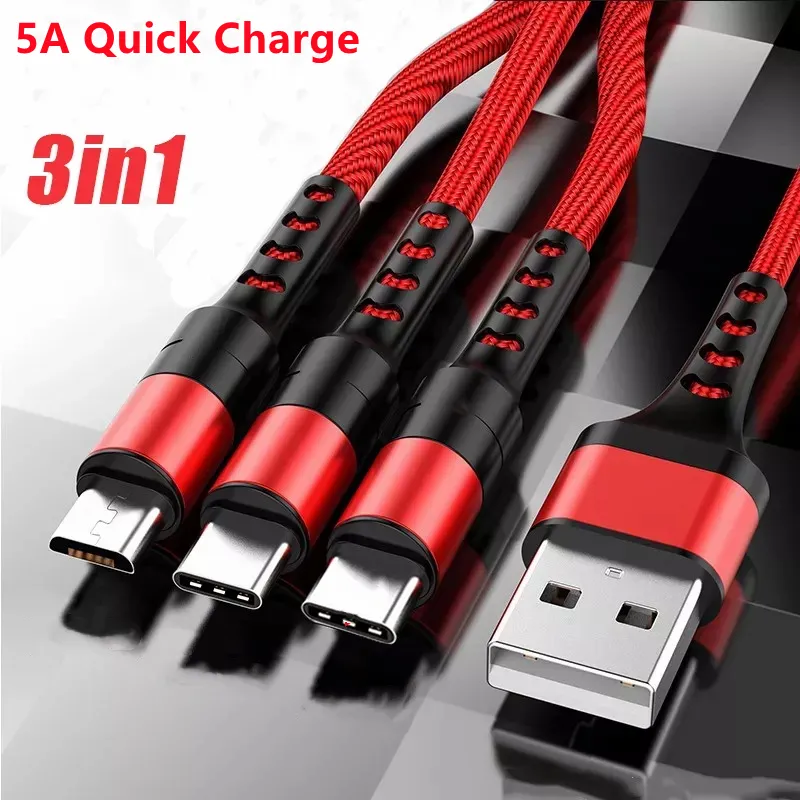 3 w 1 Kabel Szybki ładujący USB 5A Szybki ładunek USB typ Cable Micro USB dla Samsung LG Telefon komórkowy