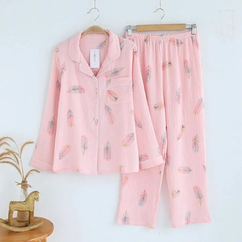 Mulheres sleepwear primavera outono mulheres pijama conjuntos pijama mujer pijama camadas duplas algodão crepe gaze manga longa casa terno loungewear