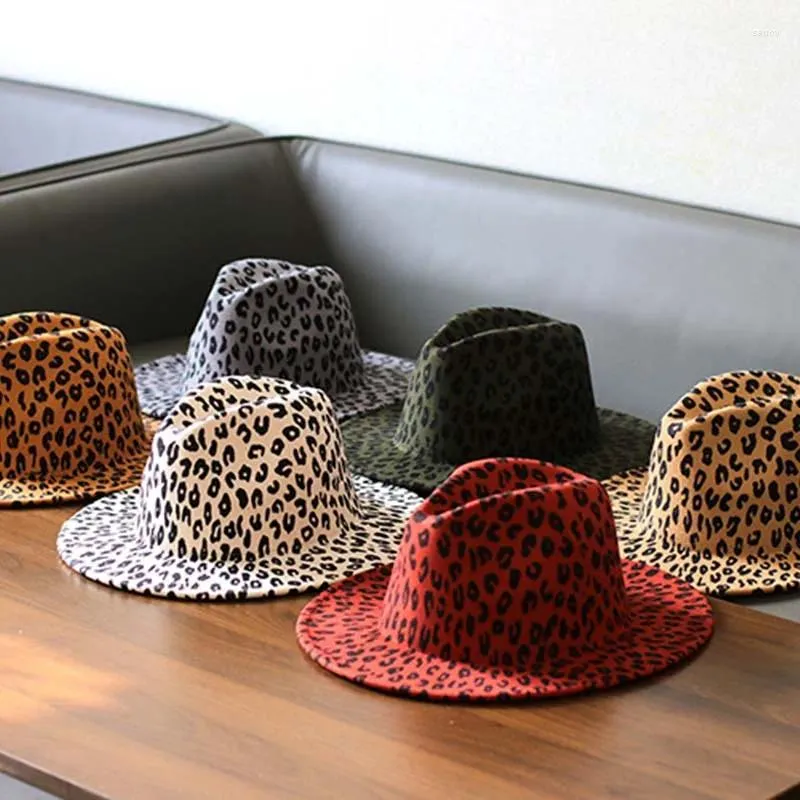 Berets larga borda leopardo impressão fedora chapéu masculino e feminino moda lã feltro primavera quente jazz