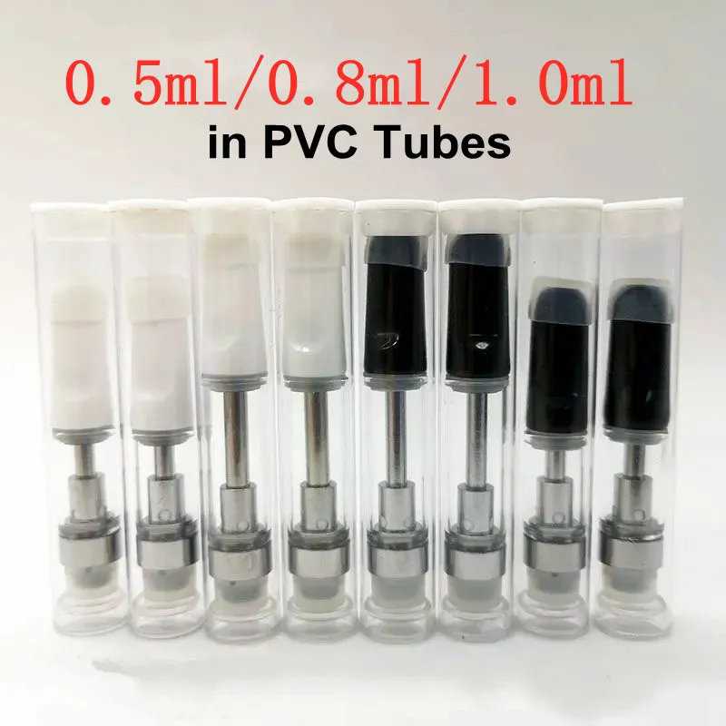 0,5 ml 0,8 ml 1,0 ml Cartouche en céramique Emballage de tube en PVC Atomiseur à filetage 510 vide pour chariots à huile épais Blanc Noir Permettre de personnaliser le logo Trous d'huile 2,0 mm dans les tubes en PVC