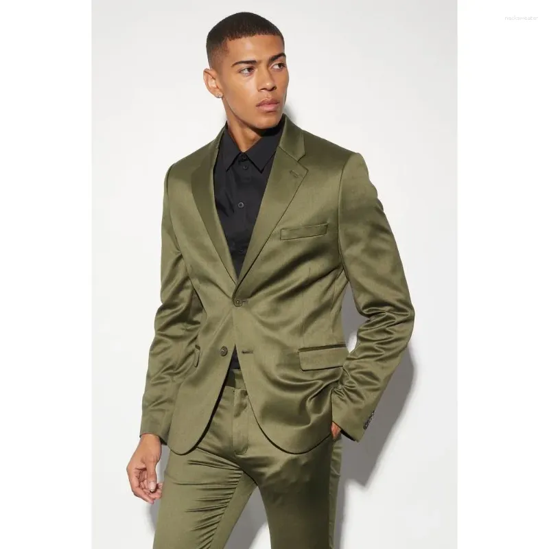 Ternos masculinos chique cetim masculino terno exército verde moda notch lapela dois botões 2 peça high street casual formatura desgaste casamento noivo smoking