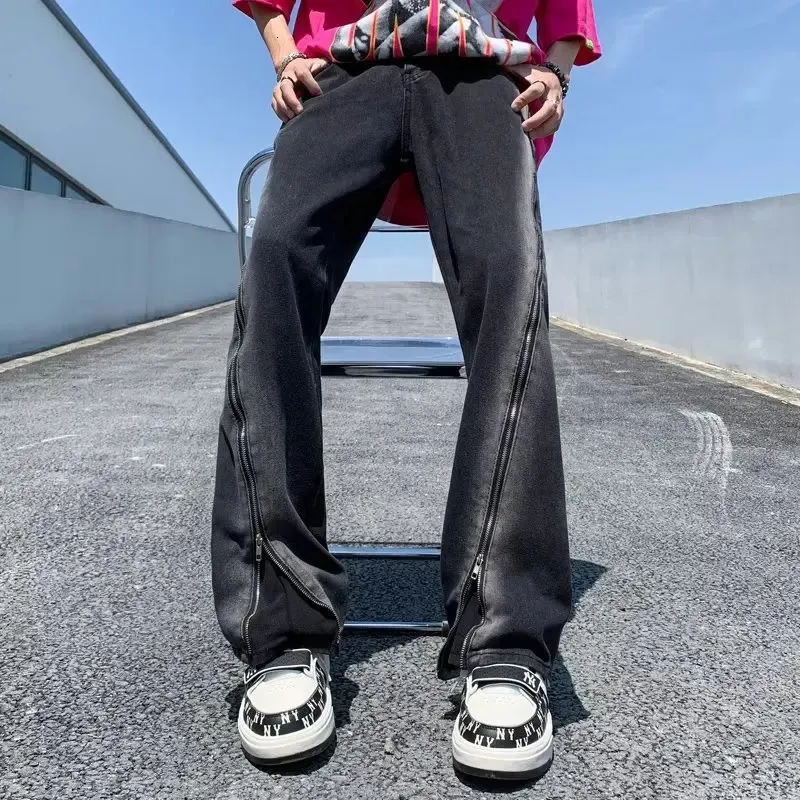 Мужские джинсы Y2K, модная черная сумка в стиле ретро, одежда с разрезом на молнии, прямые брюки в стиле хип-хоп Pantaloni Uomo 231202