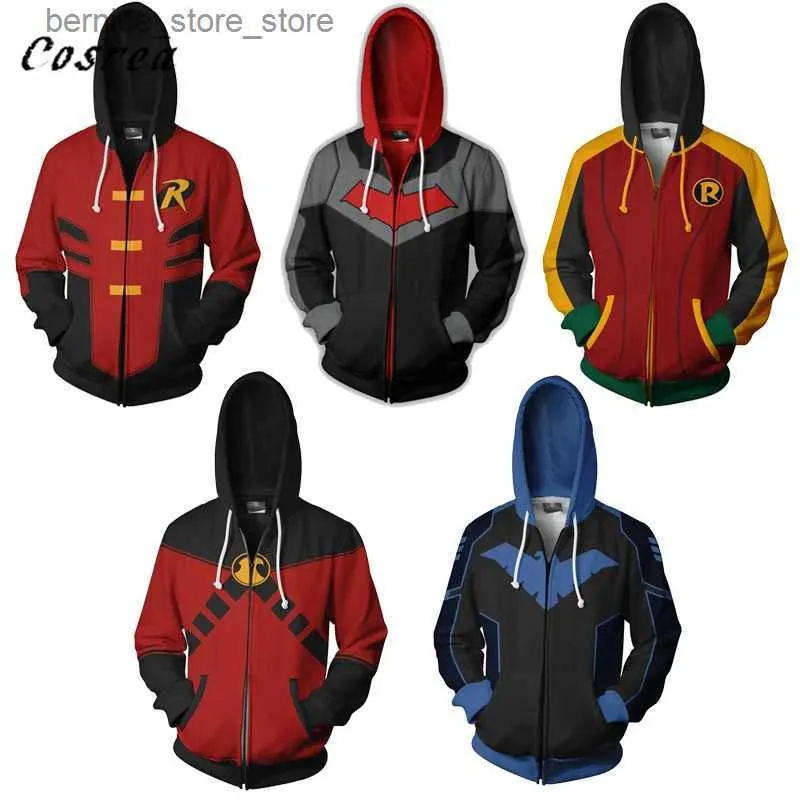 Herren Hoodies Sweatshirts Cosplay Reißverschluss Hoodie Sweatshirts Männer Red Hood Hoodie Pullover Tops Herren Robin Come Jacke Harajuku Mäntel Q231204