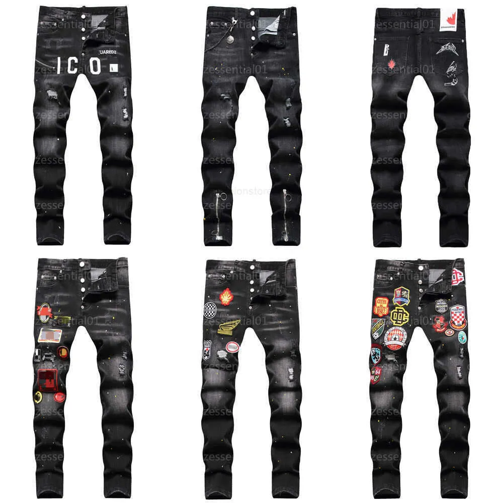 Jeans D2 Mens Dsquare DSQ2 Trendy Hip-hop Ripped Pants Black Digital Printed Mid Rise Small Straight Leg Denim Trousers Men Designers Pant