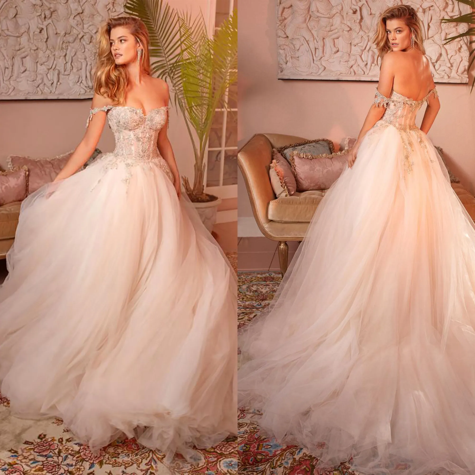 Abiti da sposa avorio Bohemia Applicazioni con corsetto con spalle scoperte Top Abiti da sposa Abiti sexy senza schienale per le donne