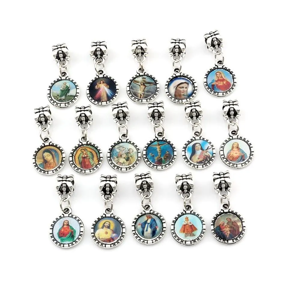 150pcs lots Round Jesus Christ icon Dangle Charm Beads Fit Pendant Bracelet necklace DIY Jewelry Religious Christmas gift 13x28mm 272i