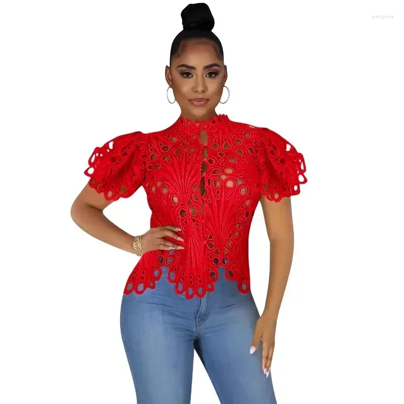 Blouses voor dames elegante holte uit korte mouw uit mesh kanten t-shirt pure door te zien door crop top dames zomer sexy nachtclub feest