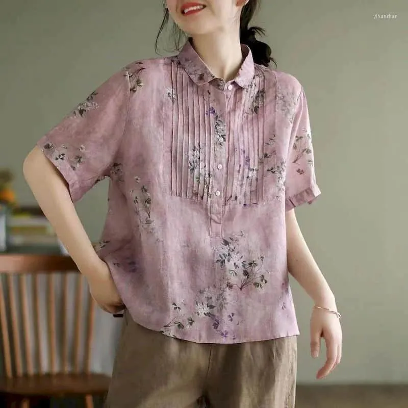 Blousen-shirts voor damesblouses voor vrouwen halve mouw pullover shirt retro printen losse casual Koreaanse stijl polo-hals blouse tops