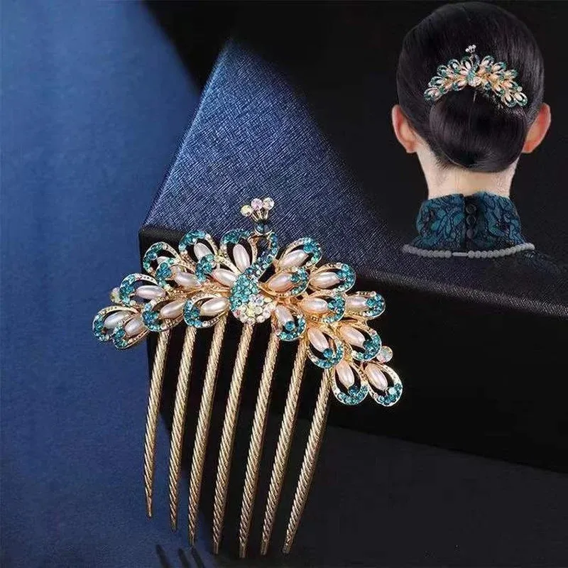 Hair Clips Barrettes Classic Peacock Open Screen Comb Exquisite Hair Comb Plate Hair Jewelry Rhinestone Hair Jewelry Ball Head Elegant Hair Clip 231204