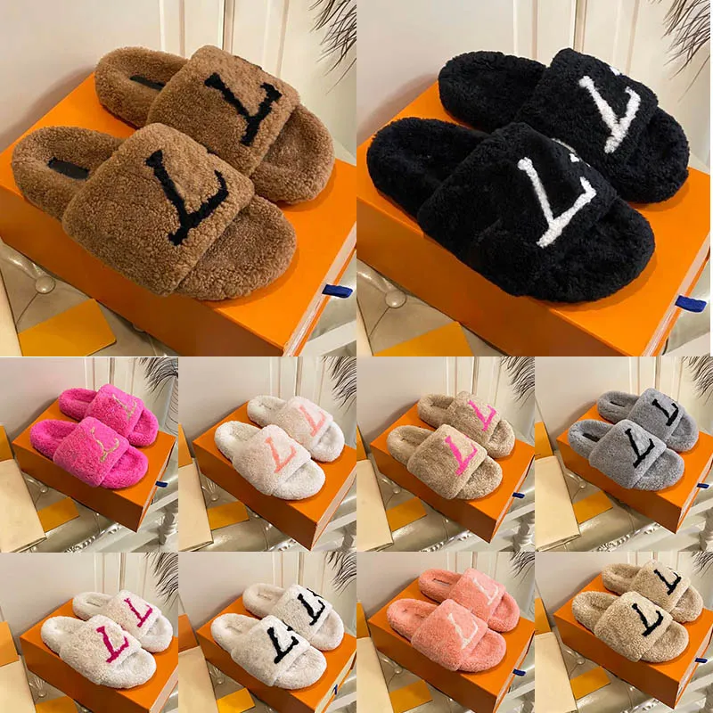 Luxury Furry Fluffy Slippers Designer Australia Mule Beige Green Black White Red Grey Brown Room House Fur Slides Slide Pantoufle Shoes