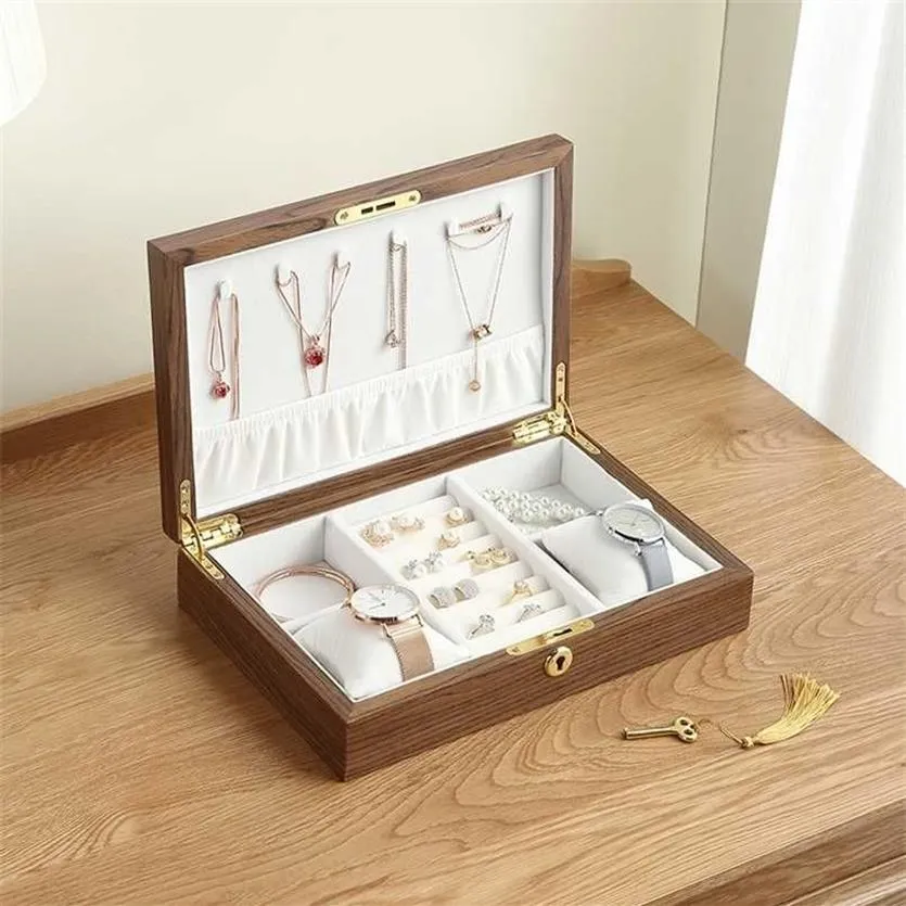 Grande caixa de jóias de madeira masculino relógio suporte organizador feminino brincos anel titular caso jóias exibição armazenamento 211105285x