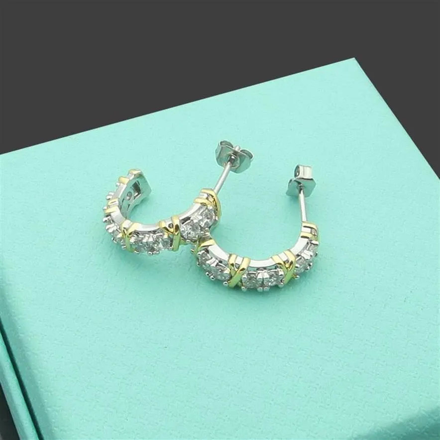 Womens Cross drilling earrings Studs Designer Jewelry C-shaped single row drill Studs Full Brand as Wedding Christmas Gift279T