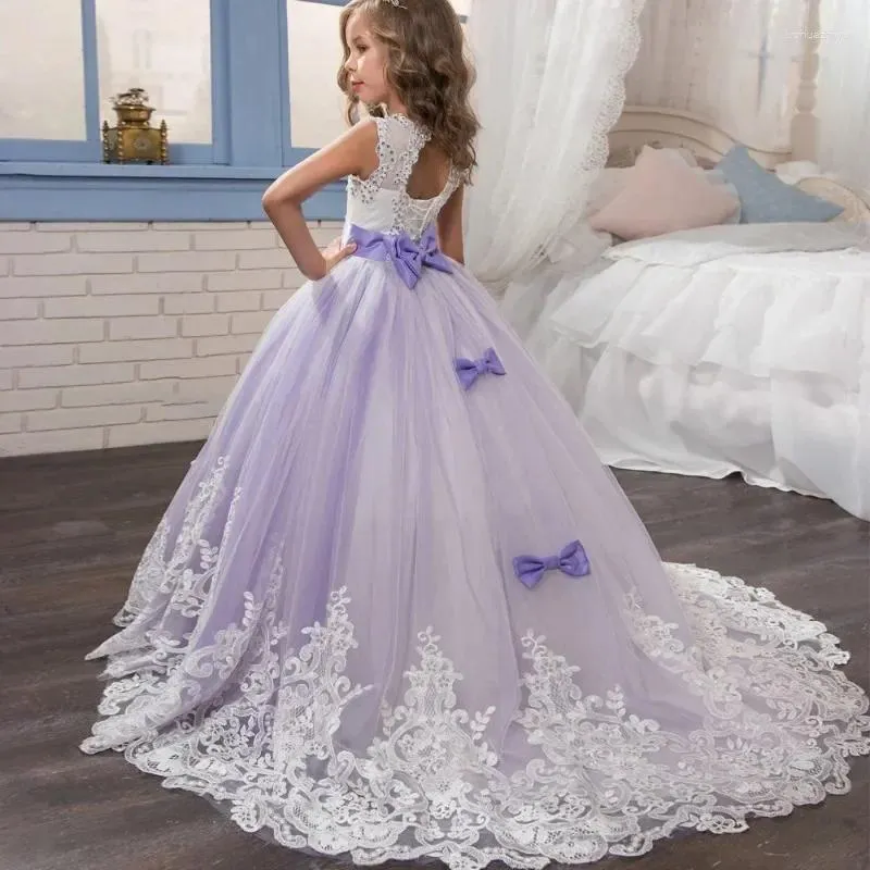 Flickaklänningar barns formella klänning mesh prinsessan spetsade släpande lång flickans kväll baby a-line fest och bröllop
