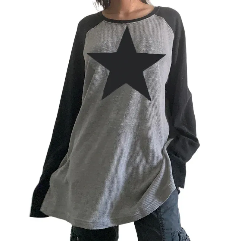 Y2K Patchwork Oversized T-Shirt - Womens Long Sleeve Vintage