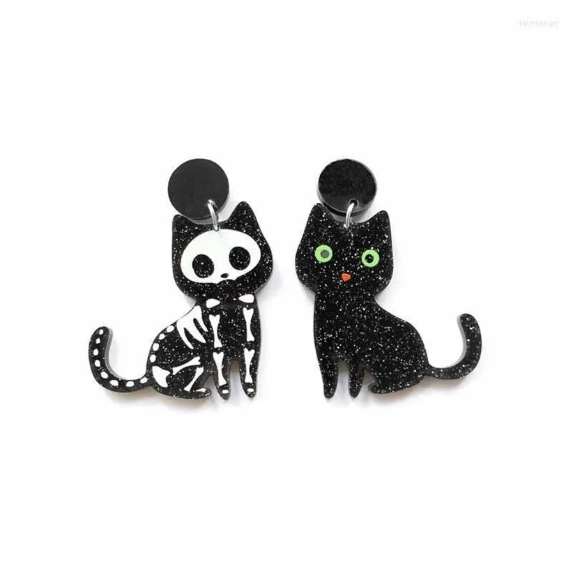 Stud Cute Animal Glitter Black Cat and Skeleton Asymetryczne akrylowe kolczyki dla kobiet Piękny kotek biżuterię Kirs22201b