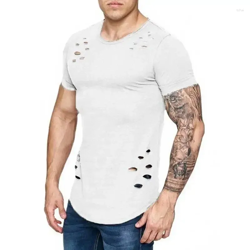 Men's Suits A2574 Hole Ripped T Shirts Men Short Sleeve T-shirt Fitness Summer Clothes Funny Solid Tshirt Streetwear Slim Tops Tees