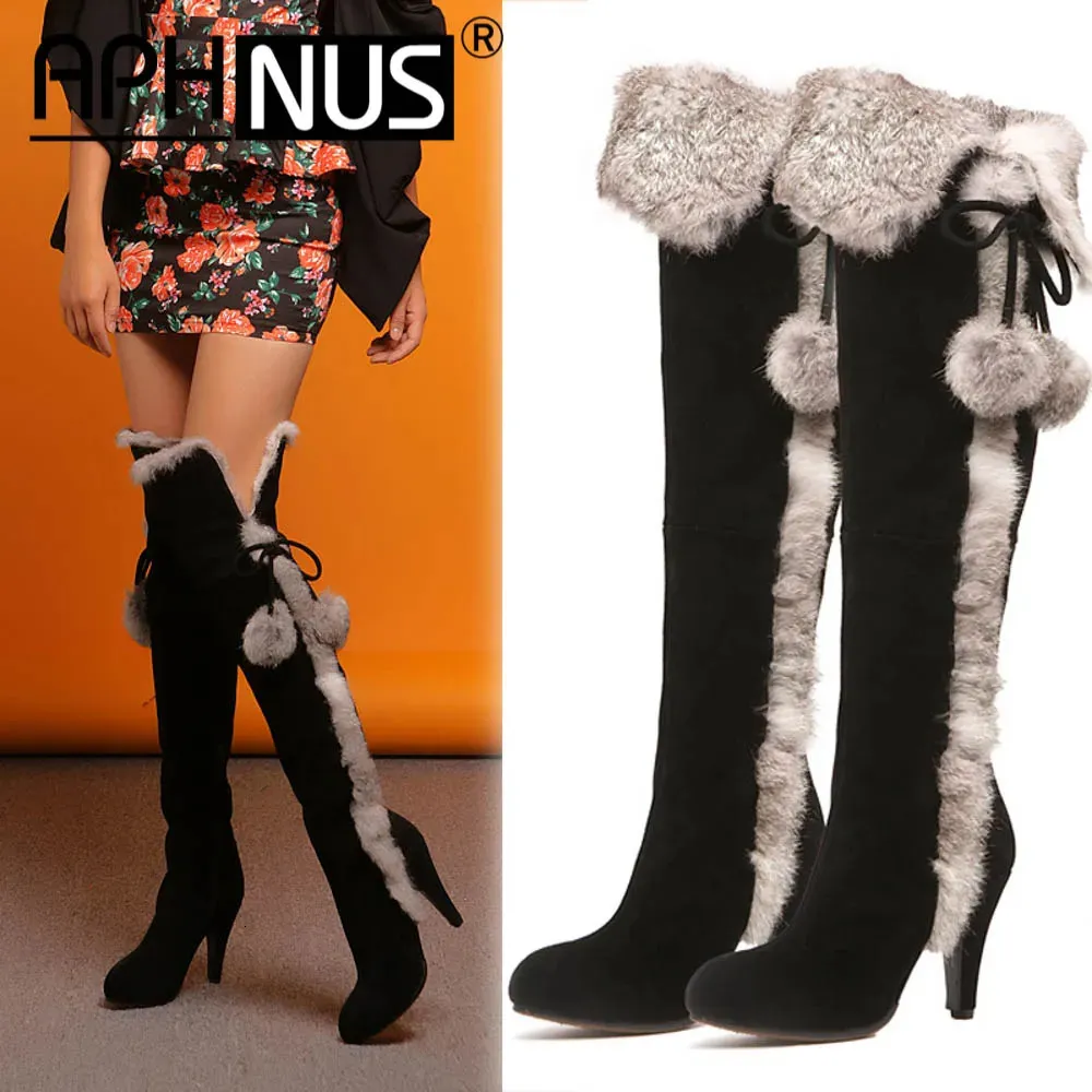 Botas APHNUs Pom Poms Alto sobre o joelho coxa alta perna saltos bombas mulher sapatos para mulheres bota zíper 231204