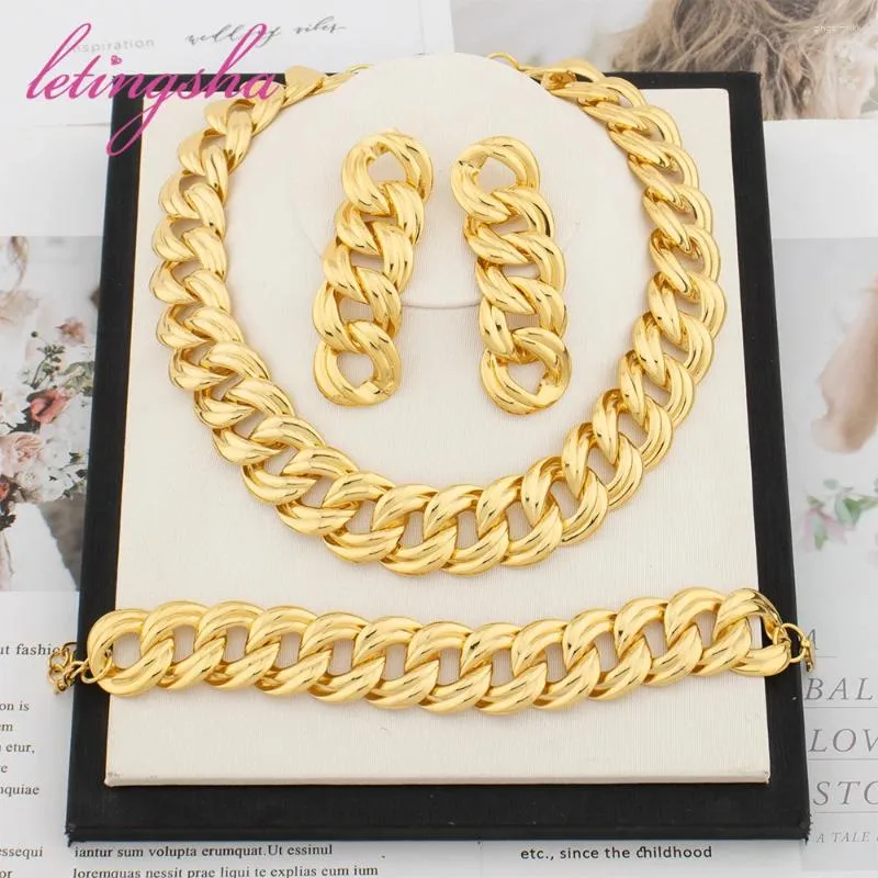 Necklace Earrings Set African Gold Color Classic 18K Plated Bracelet Jewellery Dubai Luxury Chain Fashion Jewelry