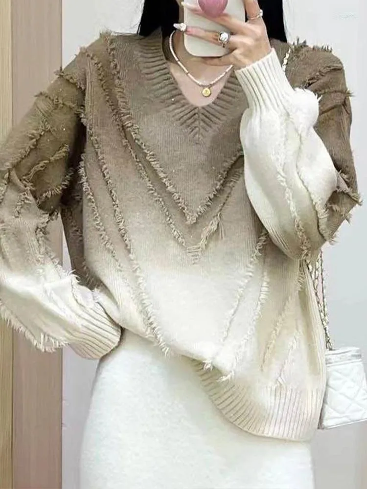 Maglioni da donna Casual abbinati ai colori con scollo a V lavorato a maglia sciolto nappa pullover maglione a maniche lunghe 2023 autunno abbigliamento alla moda