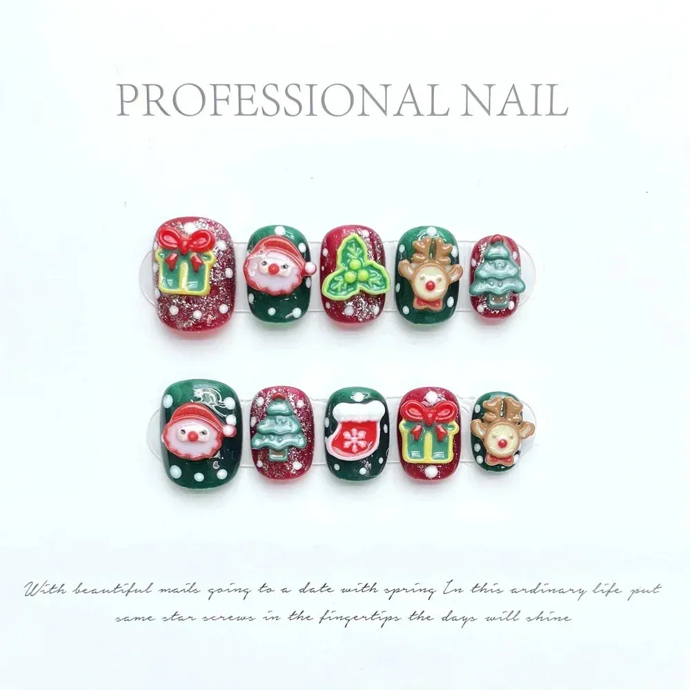 Kunstnagels Handgemaakt Schattig Kerstpers op nagels Kort Kawaii Sneeuwvlokboom Moose Design Herbruikbare volledige dekking nageltips Cartoon nepnagels 231204