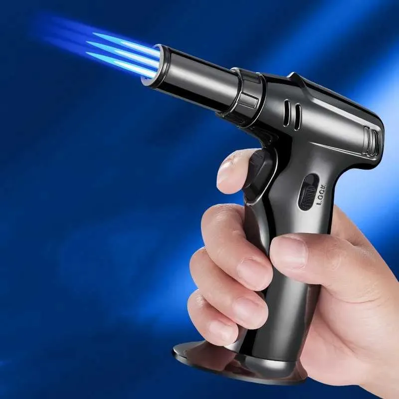 Nouveau point de fusion à trois flammes 1300 ° Butane sans gaz plus léger 360 ° Utiliser le pistolet bleu