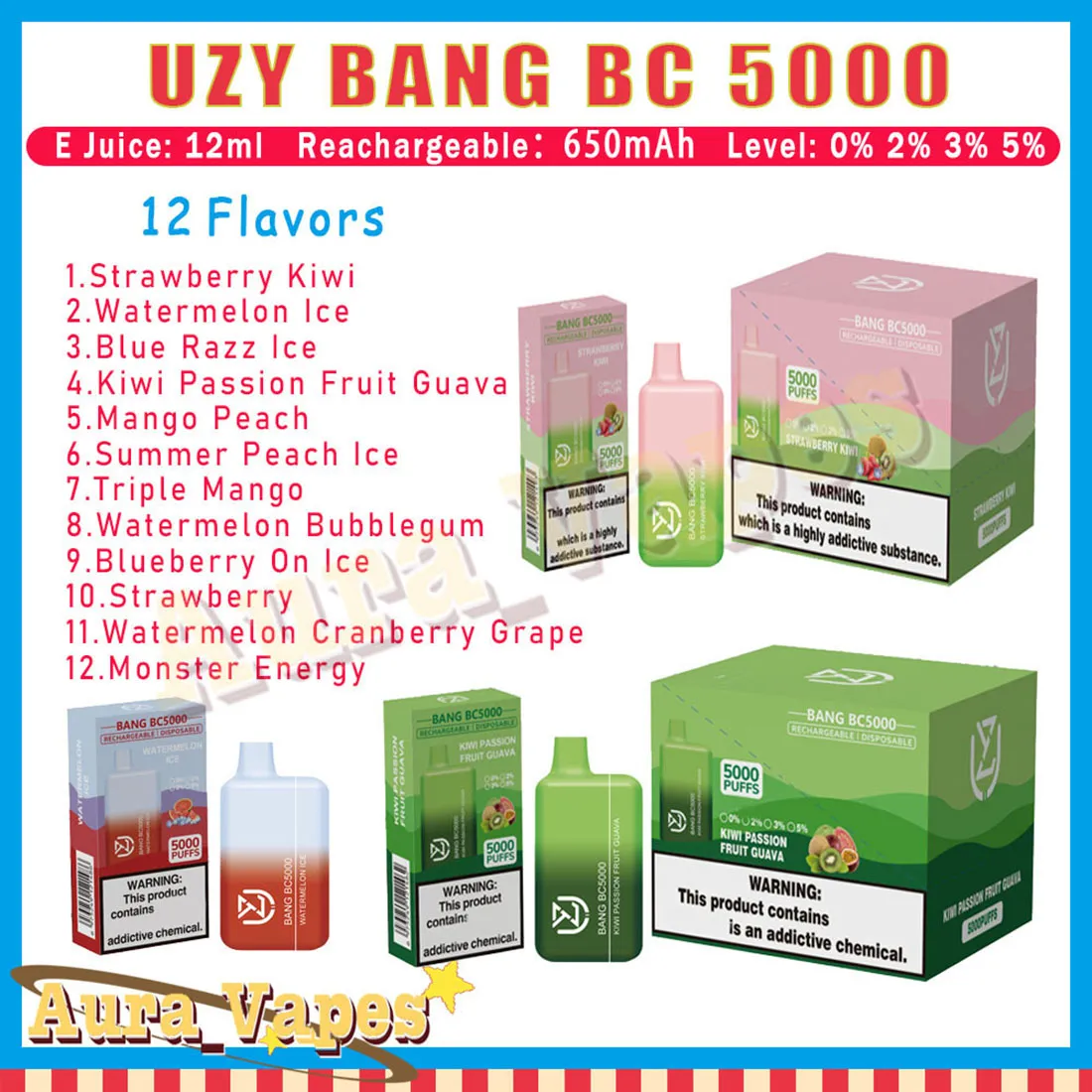UZY BANG BC5000 Puffs monouso Vape Pen 10ml Pod preriempito Mesh Coil Puffs 5000 Sigaretta elettronica ricaricabile Aria condizionata 0% 2% 3% 5%