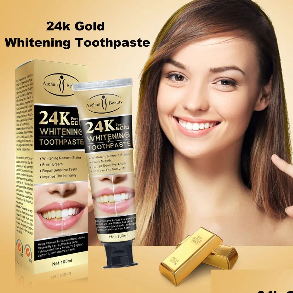 Tandkräm 24K Gold Tootaste Dental Care Smoke Stains Breat Freshening Mouth Guard Oral Cleaning Whitening Drop Delivery Health Beaut Dh4oz