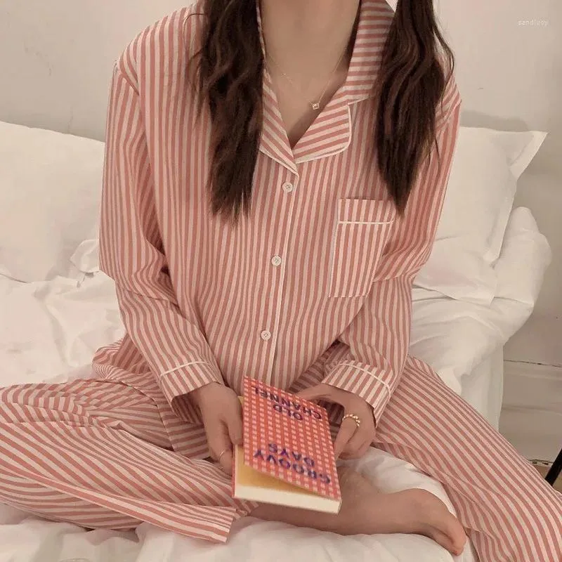 Pijamas femininos outono coreano listrado pijama para mulheres simples calças de mangas compridas estudante casual e confortável conjunto de desgaste de casa