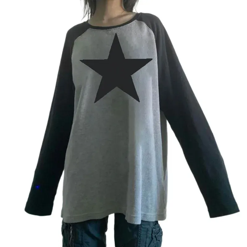 Y2K Patchwork Oversized T-Shirt - Womens Long Sleeve Vintage