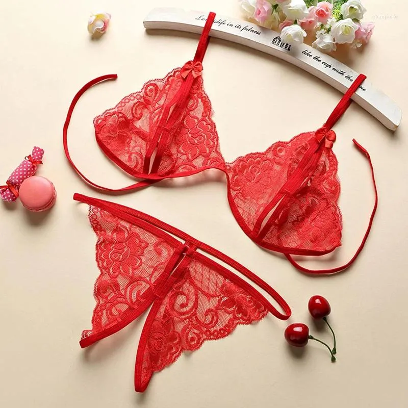 Reggiseni Set Lingerie aperta sexy Reggiseno di pizzo trasparente Crotchless Panty porno Perizoma di perle Biancheria intima impertinente Costume erotico in due pezzi 8CLM