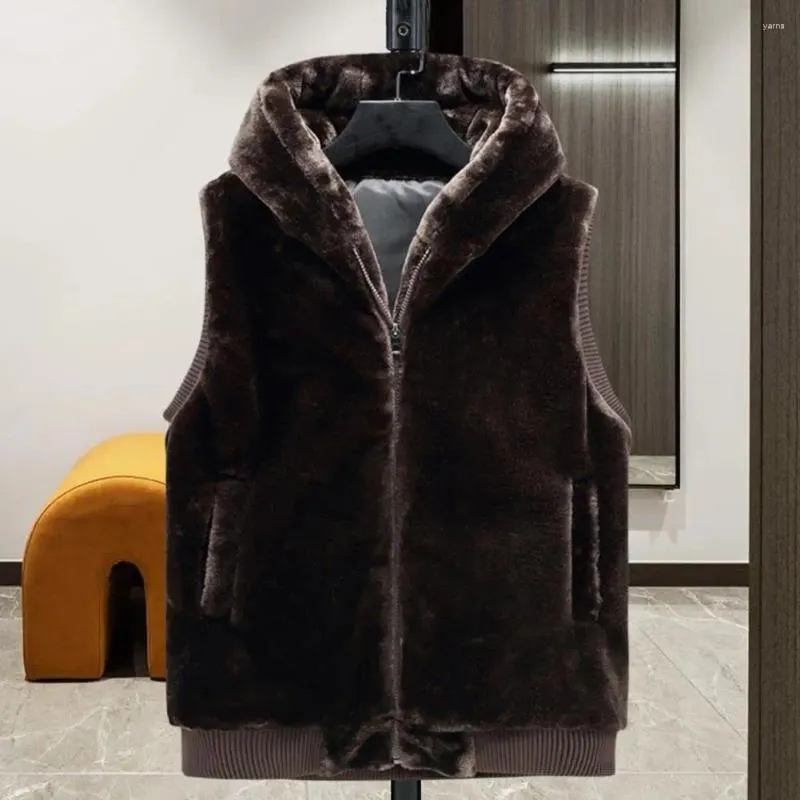 Men's Vests Soft Stretchy Vest Winter With Faux Fur Hood Zipper Closure Plush Sleeveless Coat Pockets Plus Size For Cold