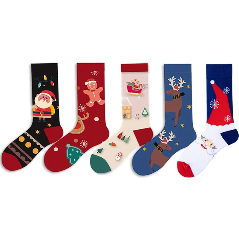 Женские рождественские носки, забавные рождественские носки Санта-Клауса, снежинки, лося, снега, хлопковые носки для экипажа, счастливые носки, мужской подарок на Новый год