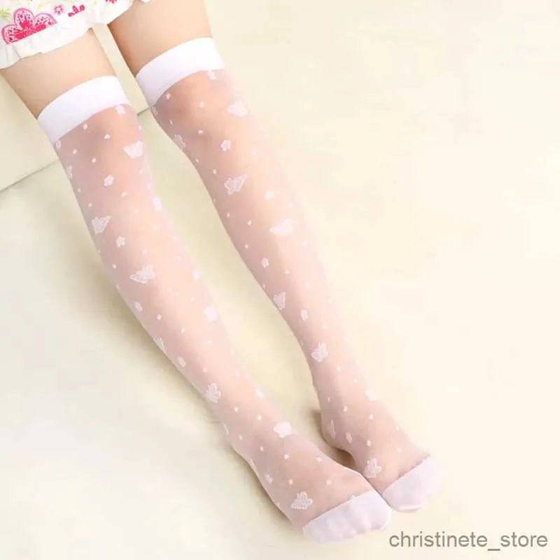 Kids Socks Summer Children Girls Thin Breathable Socks Baby Kids Cute Cartoon Butterfly Cat Knee High Stockings White Dance School Clothes R231204