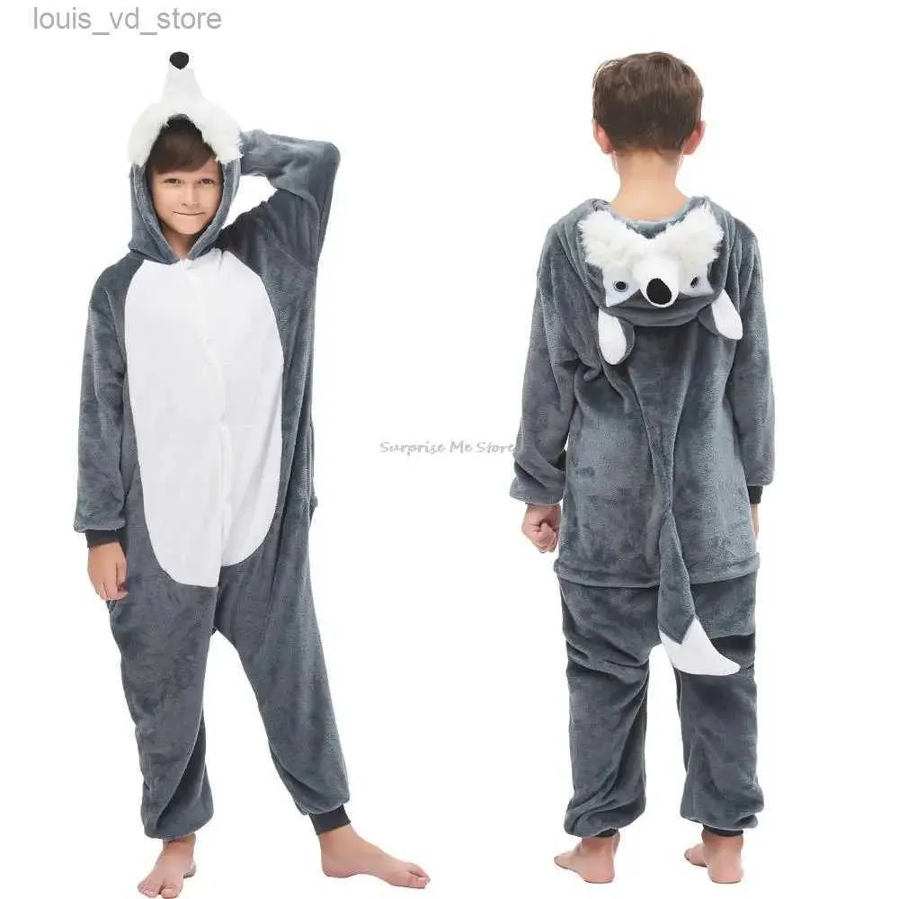 Pijamas husky animal crianças flanela completa onesie uma peça com capuz poliéster pijama plus size inverno onesie crianças pijama t231204